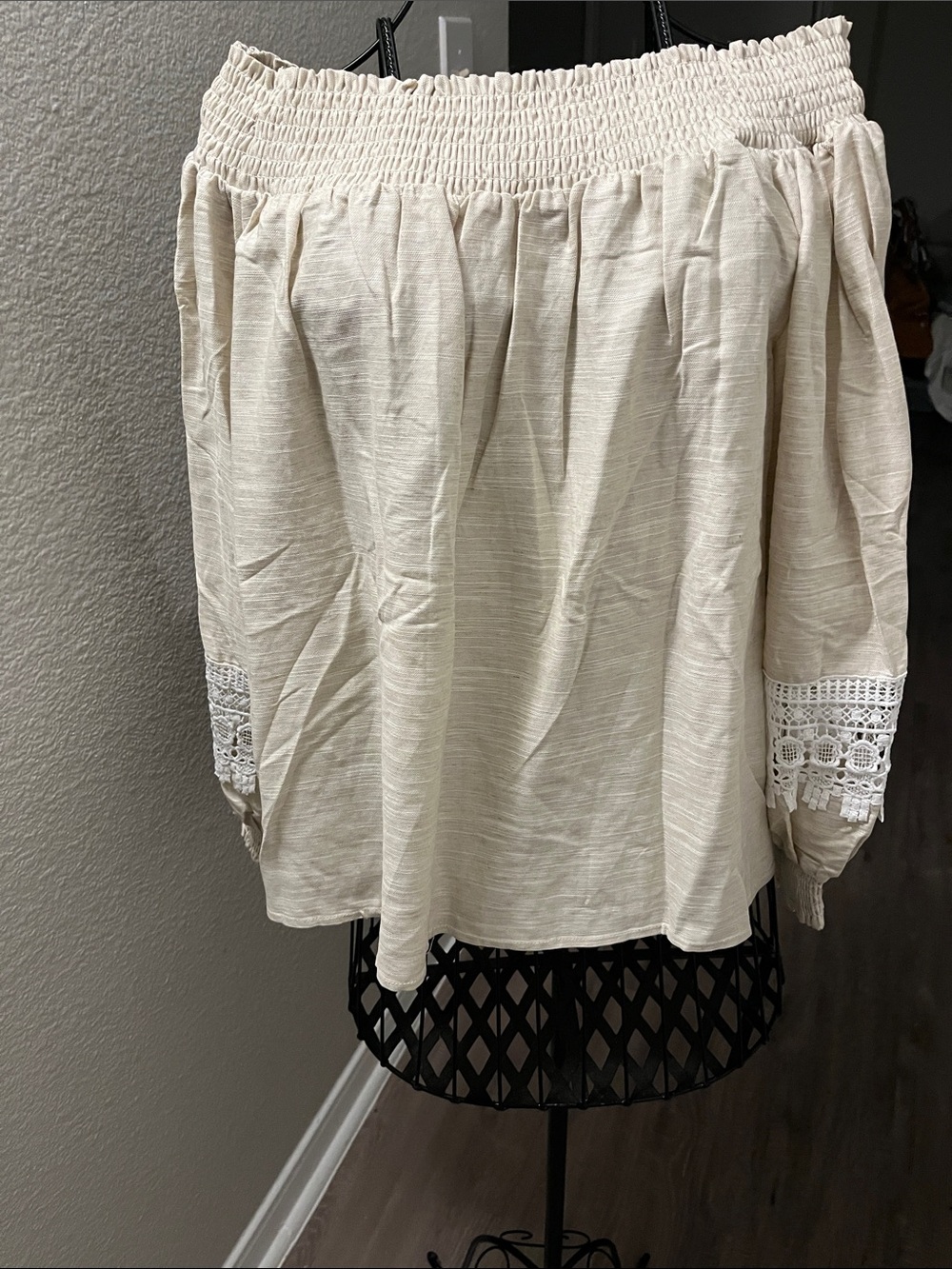Parker Cream Off-Shoulder Blouse with Crochet Sleeve Trim